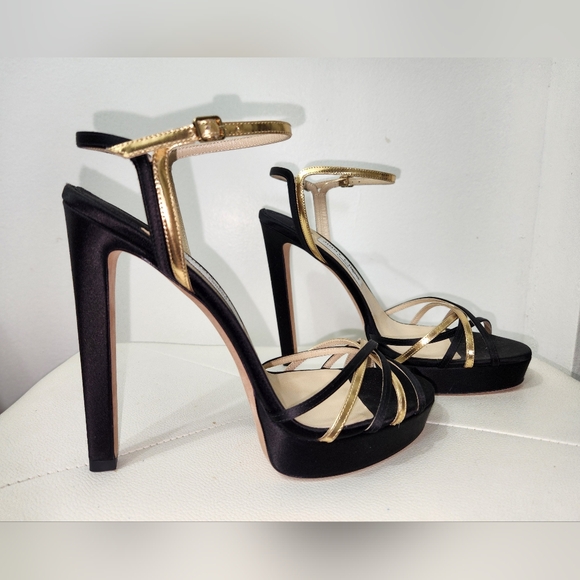 JIMMY CHOO GORGEOUS BLACK SATIN & GOLD ANKLE STRAP SANDALS 40.5 - Picture 12 of 16